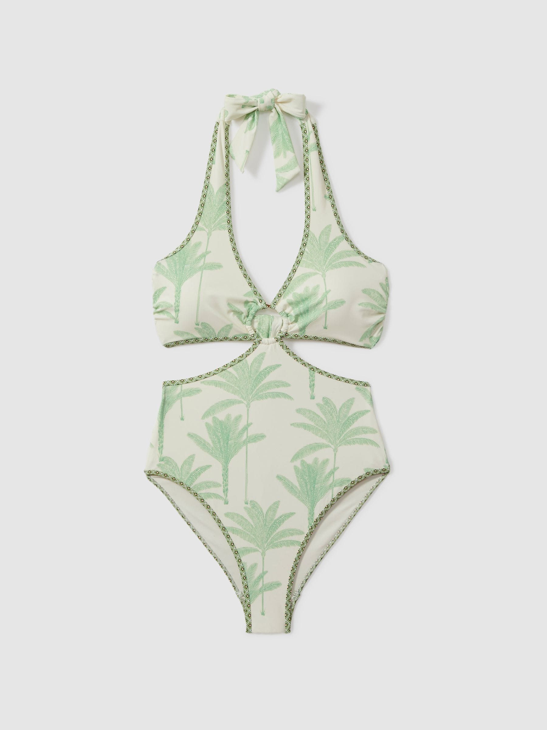 White swimsuit with green leaves outlet