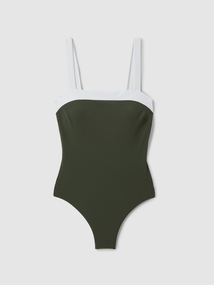 Reiss Dark Green/White Ruby Square Neck Colourblock Swimsuit - Image 2 of 5