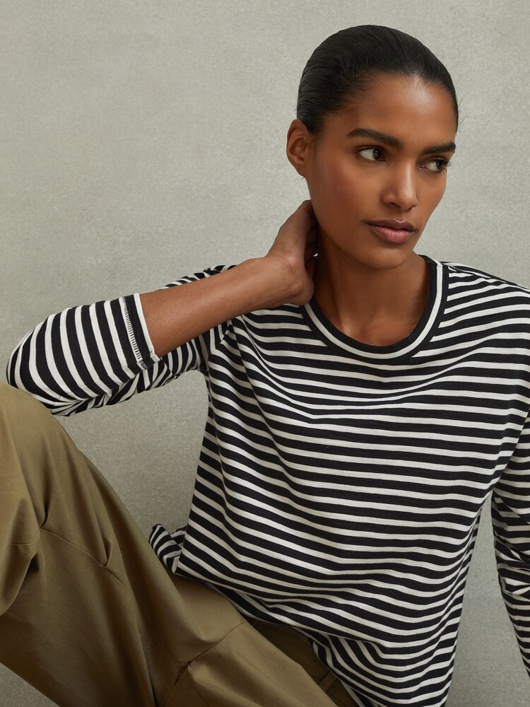 Reiss Black/Ivory Tina Cotton Striped Crew Neck Top - Image 3 of 6
