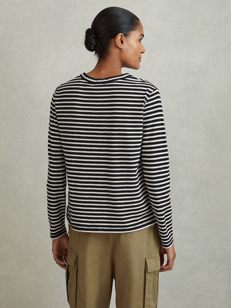 Reiss Black/Ivory Tina Cotton Striped Crew Neck Top - Image 5 of 6