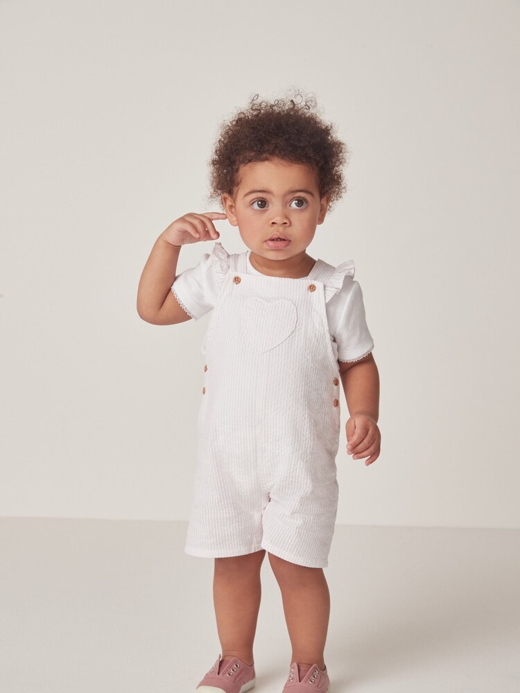 The White Company 100% Cotton Seersucker Heart Pocket White Dungaree And Pointelle T-Shirt Set - Image 1 of 10