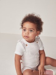 The White Company 100% Cotton Seersucker Heart Pocket White Dungaree And Pointelle T-Shirt Set - Image 3 of 10