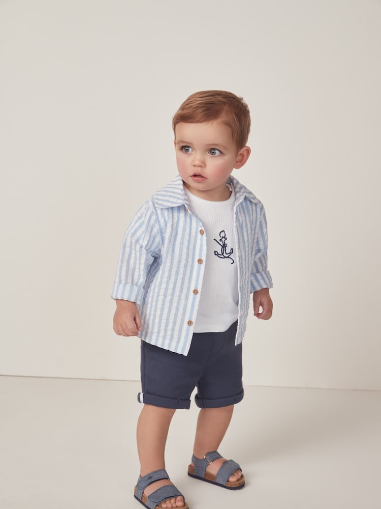 The White Company White Cotton Seersucker Stripe Jacket, Rib T-Shirt & Jersey Short Set - Image 1 of 10
