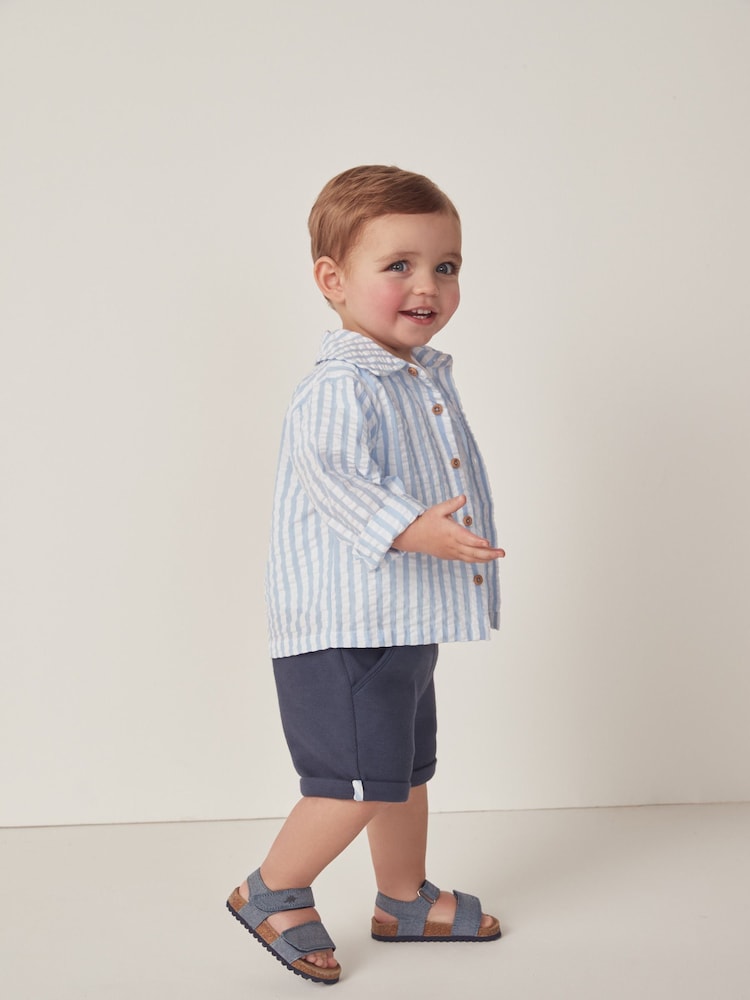 The White Company White Cotton Seersucker Stripe Jacket, Rib T-Shirt & Jersey Short Set - Image 2 of 10