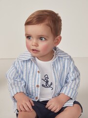 The White Company White Cotton Seersucker Stripe Jacket, Rib T-Shirt & Jersey Short Set - Image 3 of 10
