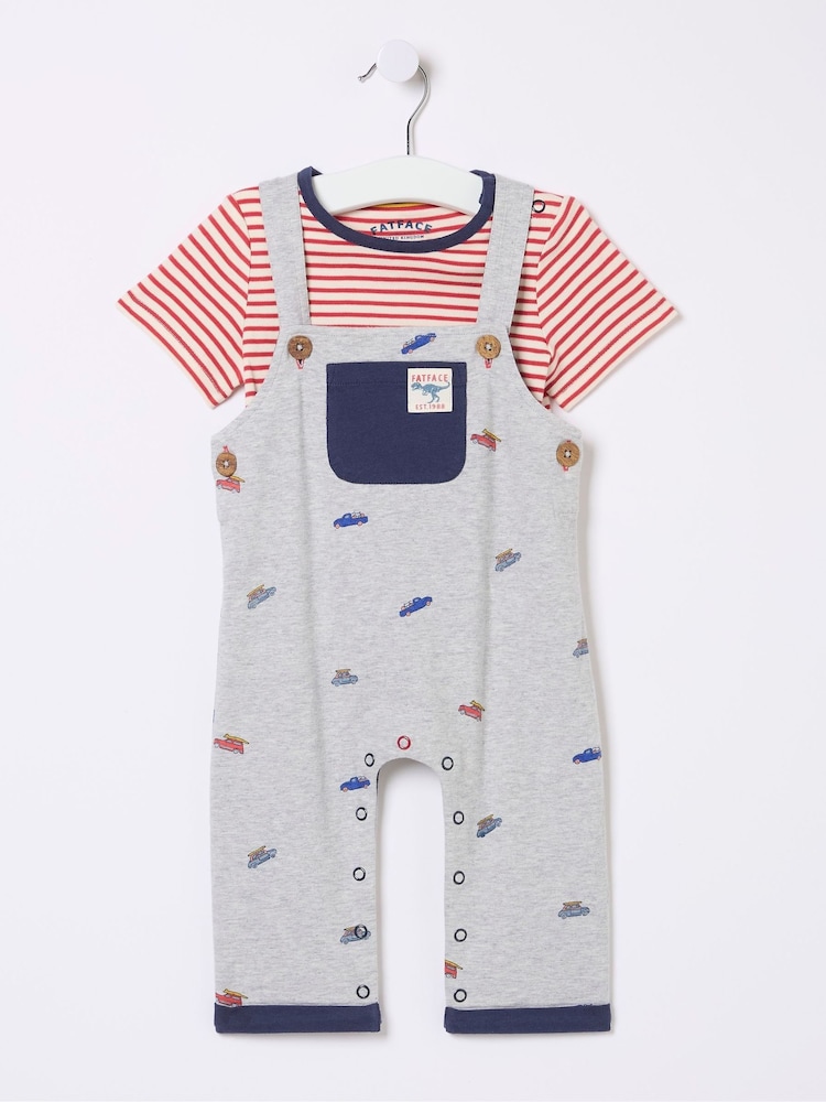 FatFace Grey Car Printed Jersey Dungarees Set - Image 1 of 1