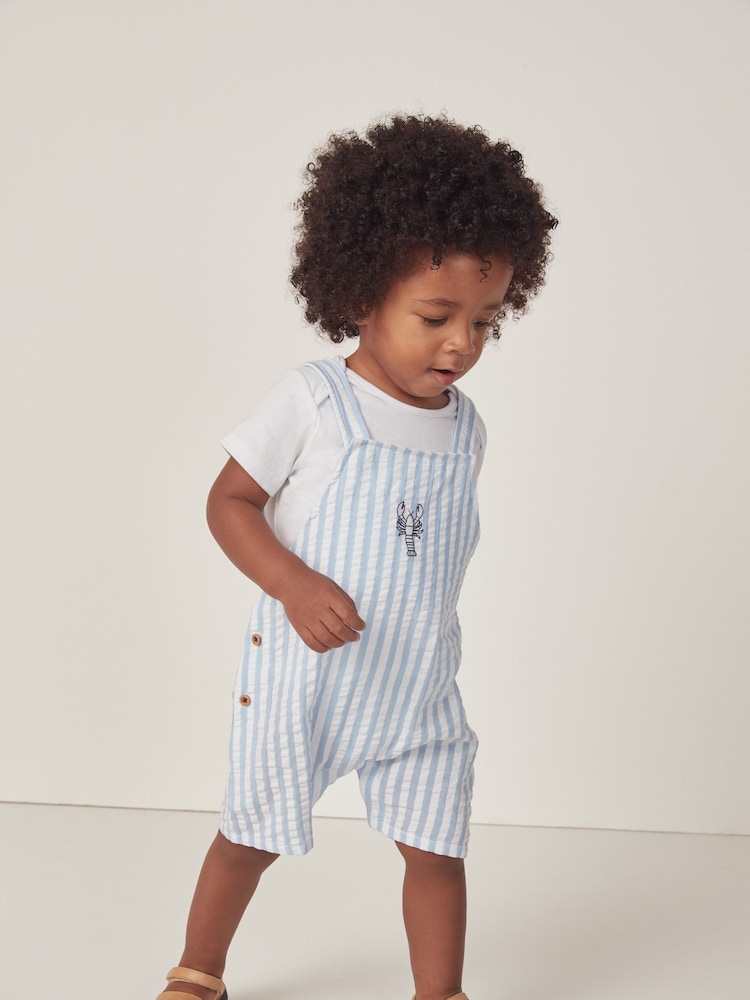 The White Company White 100% Cotton Stripe Lobster Embroidered Dungaree & T-Shirt Set - Image 1 of 6