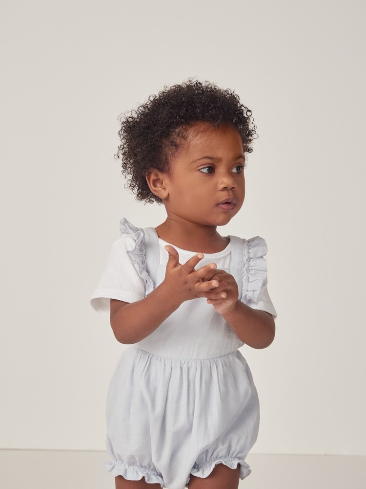 The White Company Blue 100% Cotton Hand Smocked Bubble And Pointelle T-Shirt Set - Image 1 of 6