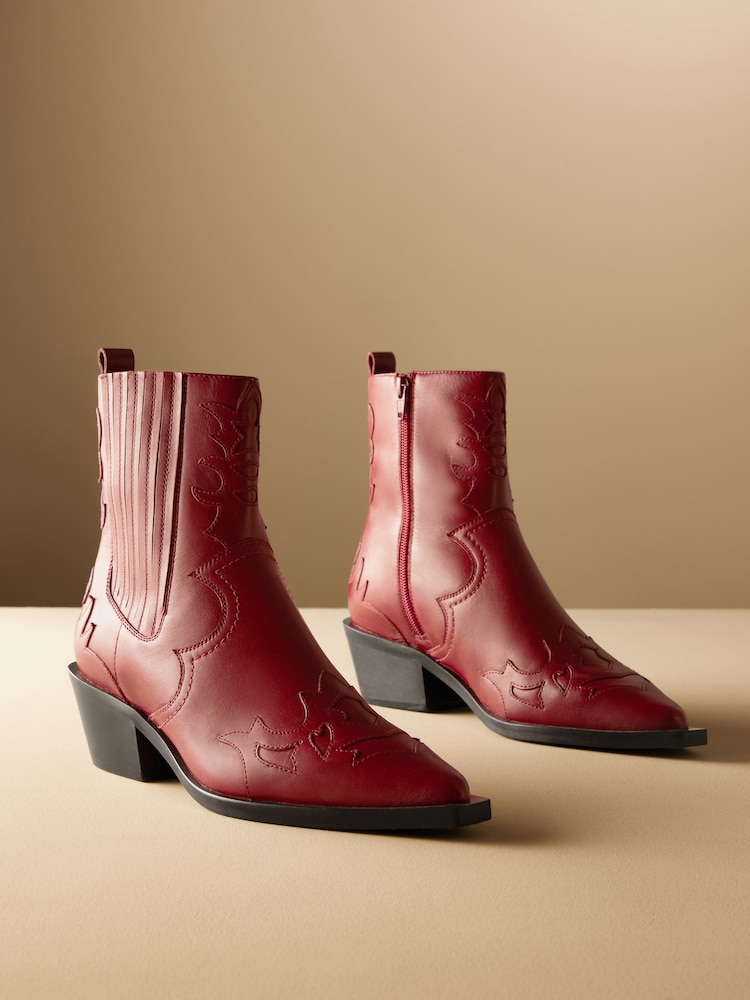 Red Premium Leather Ankle Western Cowboy Boots - Image 1 of 8
