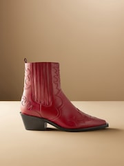 Red Premium Leather Ankle Western Cowboy Boots - Image 2 of 8