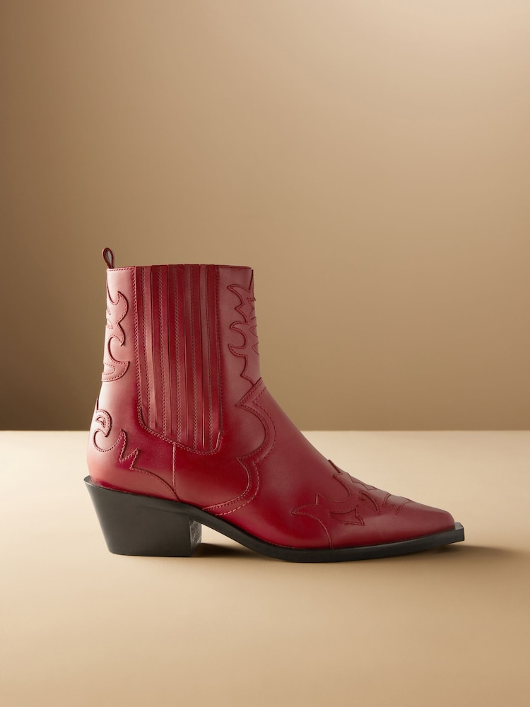 Red Premium Leather Ankle Western Cowboy Boots - Image 2 of 8