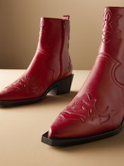 Red Premium Leather Ankle Western Cowboy Boots - Image 3 of 8