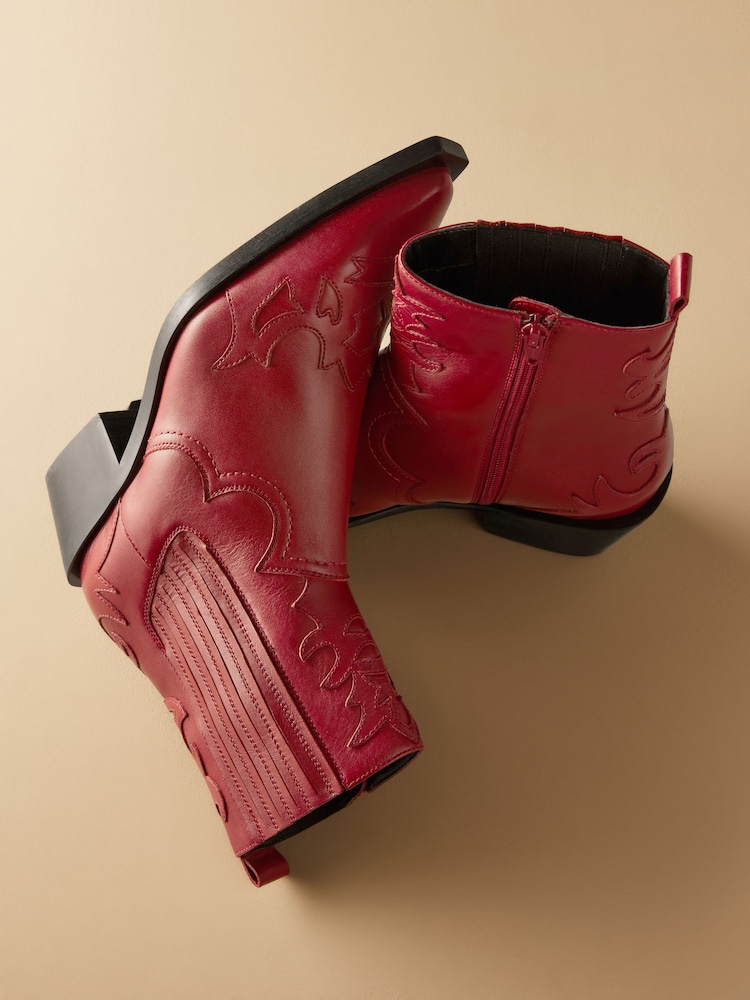 Red Premium Leather Ankle Western Cowboy Boots - Image 5 of 8