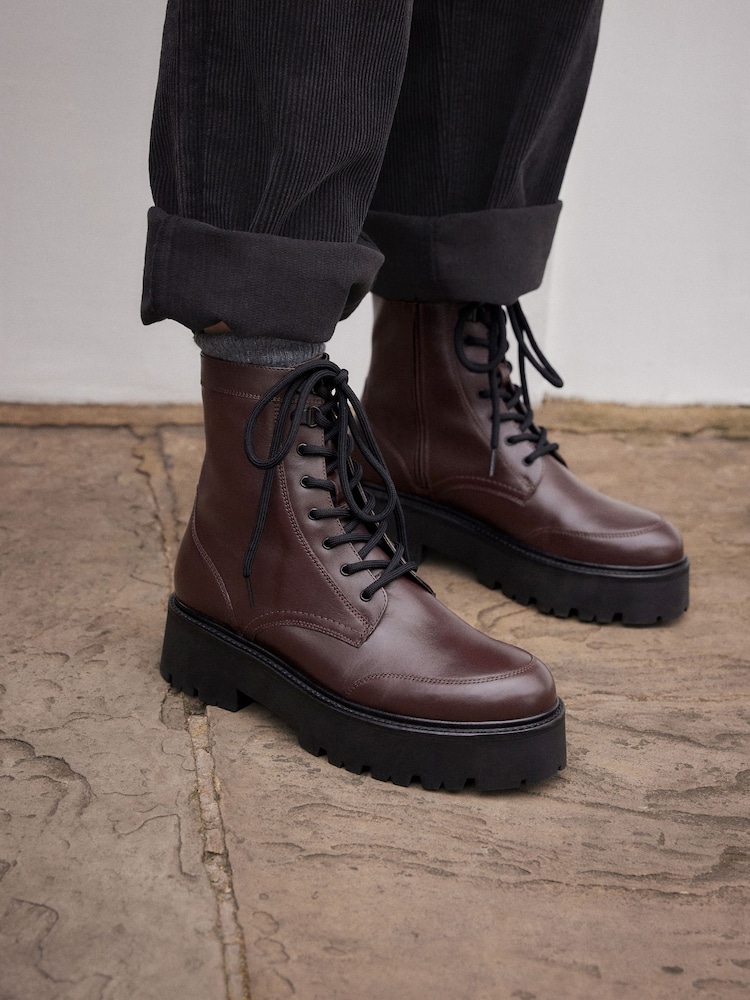 Burgundy Red Signature Leather Forever Comfort® Chunky Lace Up Boots - Image 1 of 12