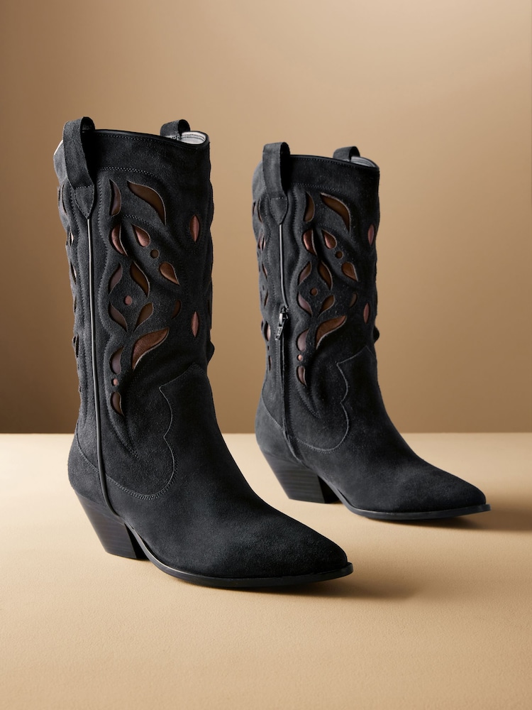 Navy Premium Suede Cut Out Detail Western Cowboy Boots - Image 1 of 8