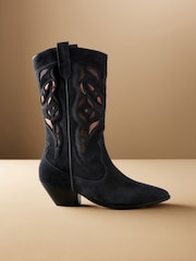 Navy Premium Suede Cut Out Detail Western Cowboy Boots - Image 2 of 8