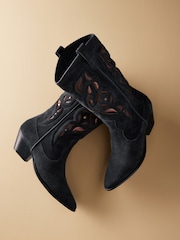 Navy Premium Suede Cut Out Detail Western Cowboy Boots - Image 3 of 8