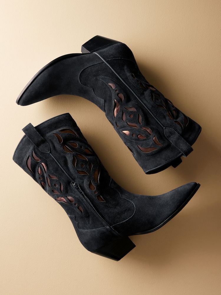 Granatowy - Premium Suede Cut Out Detail Western Cowboy Boots - Image 4 of 8