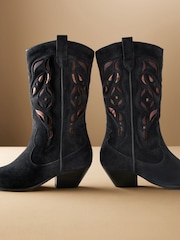 Navy Premium Suede Cut Out Detail Western Cowboy Boots - Image 5 of 8