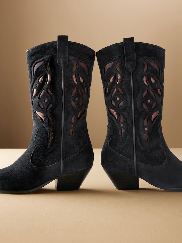 Granatowy - Premium Suede Cut Out Detail Western Cowboy Boots - Image 5 of 8
