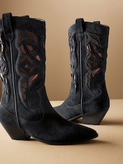 Navy Premium Suede Cut Out Detail Western Cowboy Boots - Image 6 of 8