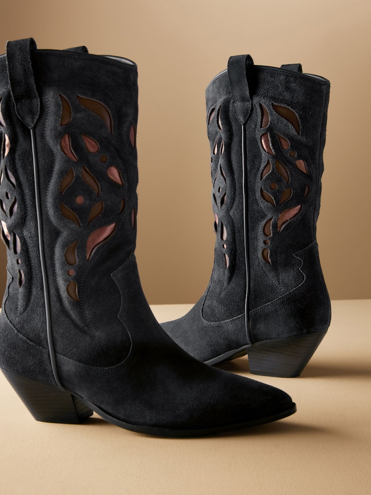 Granatowy - Premium Suede Cut Out Detail Western Cowboy Boots - Image 6 of 8