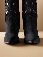 Navy Premium Suede Cut Out Detail Western Cowboy Boots - Image 8 of 8