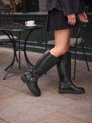 Black Standard/Wide Fit Forever Comfort® Knee High Biker Boots - Image 1 of 8