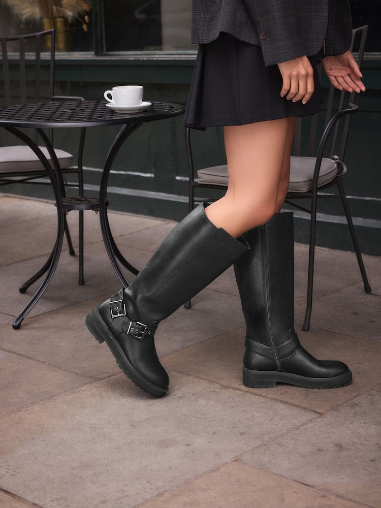 Black Standard/Wide Fit Forever Comfort® Knee High Biker Boots - Image 1 of 8
