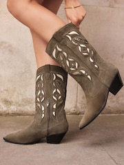 Khaki Green Premium Suede Cut Out Detail Western Cowboy Boots - Image 1 of 12