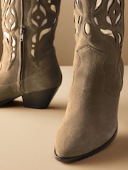 Khaki Green Premium Suede Cut Out Detail Western Cowboy Boots - Image 10 of 12