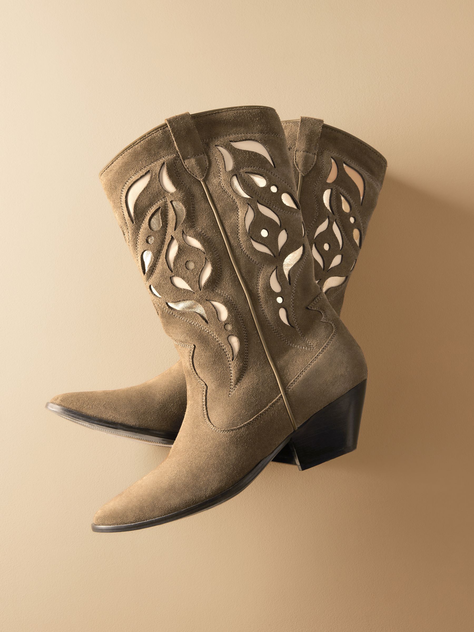 Khaki Green Premium Suede Cut Out Detail Western Cowboy Boots