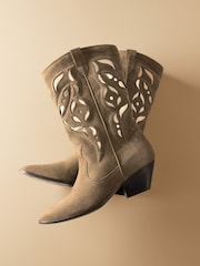 Khaki Green Premium Suede Cut Out Detail Western Cowboy Boots - Image 11 of 12