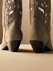 Khaki Green Premium Suede Cut Out Detail Western Cowboy Boots - Image 12 of 12