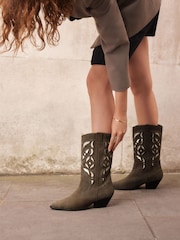 Khaki Green Premium Suede Cut Out Detail Western Cowboy Boots - Image 4 of 12