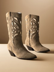 Khaki Green Premium Suede Cut Out Detail Western Cowboy Boots - Image 5 of 12
