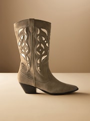 Khaki Green Premium Suede Cut Out Detail Western Cowboy Boots - Image 6 of 12