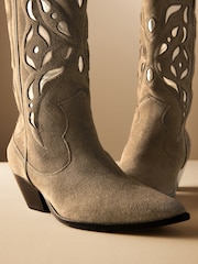 Khaki Green Premium Suede Cut Out Detail Western Cowboy Boots - Image 7 of 12