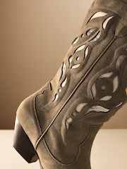 Khaki Green Premium Suede Cut Out Detail Western Cowboy Boots - Image 8 of 12