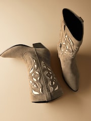 Khaki Green Premium Suede Cut Out Detail Western Cowboy Boots - Image 9 of 12