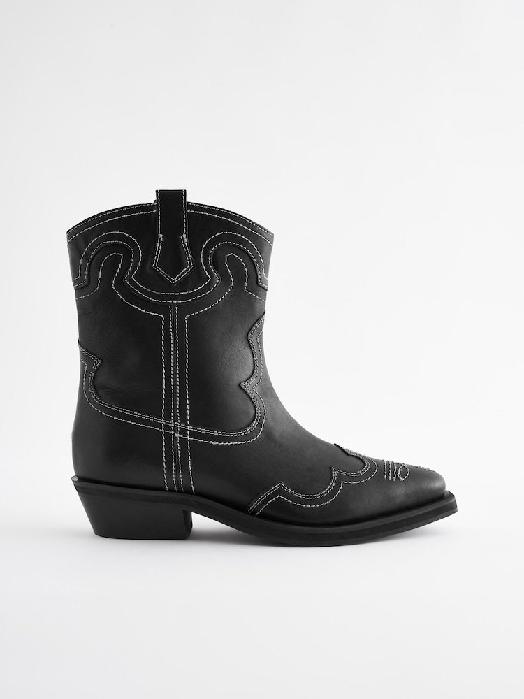 Black Forever Comfort® Stitched Western Cowboy Leather Boots - Image 2 of 6