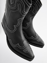 Black Forever Comfort® Stitched Western Cowboy Leather Boots - Image 4 of 6