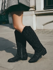 Black Forever Comfort® Suede Stitched Cowboy Knee High Boots - Image 1 of 10