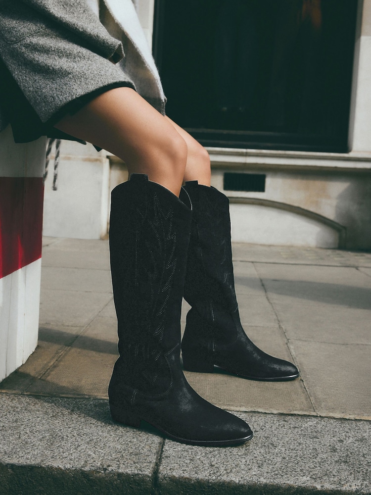 Black Forever Comfort® Suede Stitched Cowboy Knee High Boots - Image 2 of 10