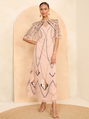 Love & Roses Pink Embellished Angel Sleeve Midi Dress - Image 1 of 4