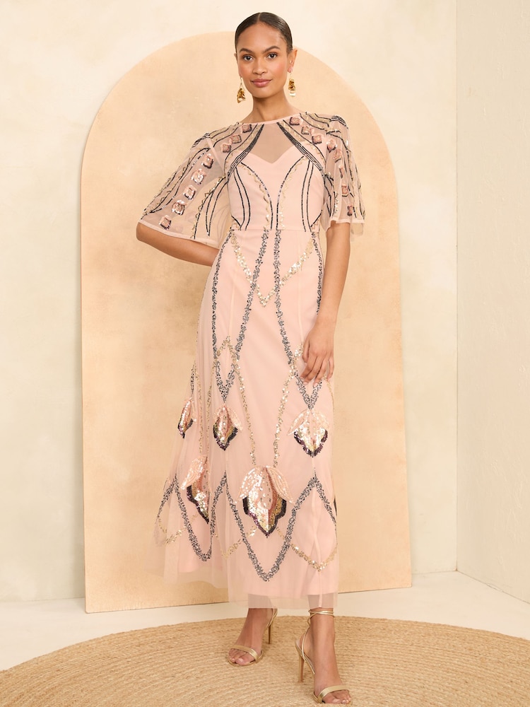 Love & Roses Pink Embellished Angel Sleeve Midi Dress - Image 1 of 4