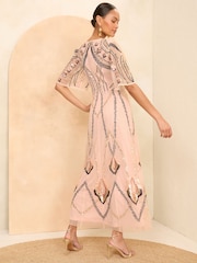 Love & Roses Pink Embellished Angel Sleeve Midi Dress - Image 2 of 4