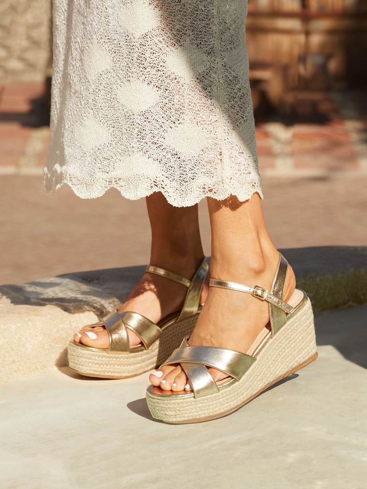 Linzi Gold Vision Crossover Rope Detail Wedges - Image 1 of 5