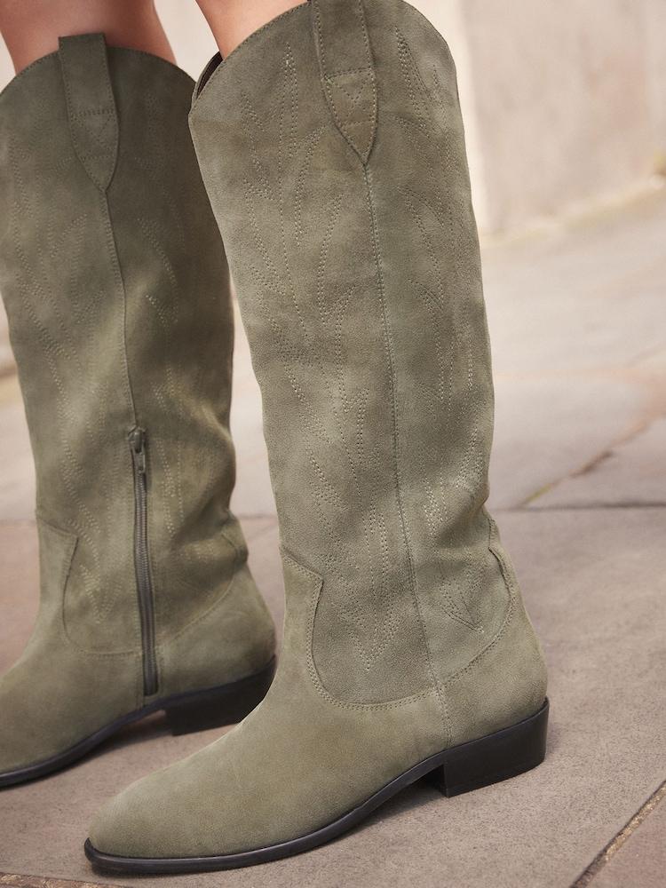 كاكي أخضر - Forever Comfort® Suede Stitched Cowboy Knee High Boots - Image 4 of 9