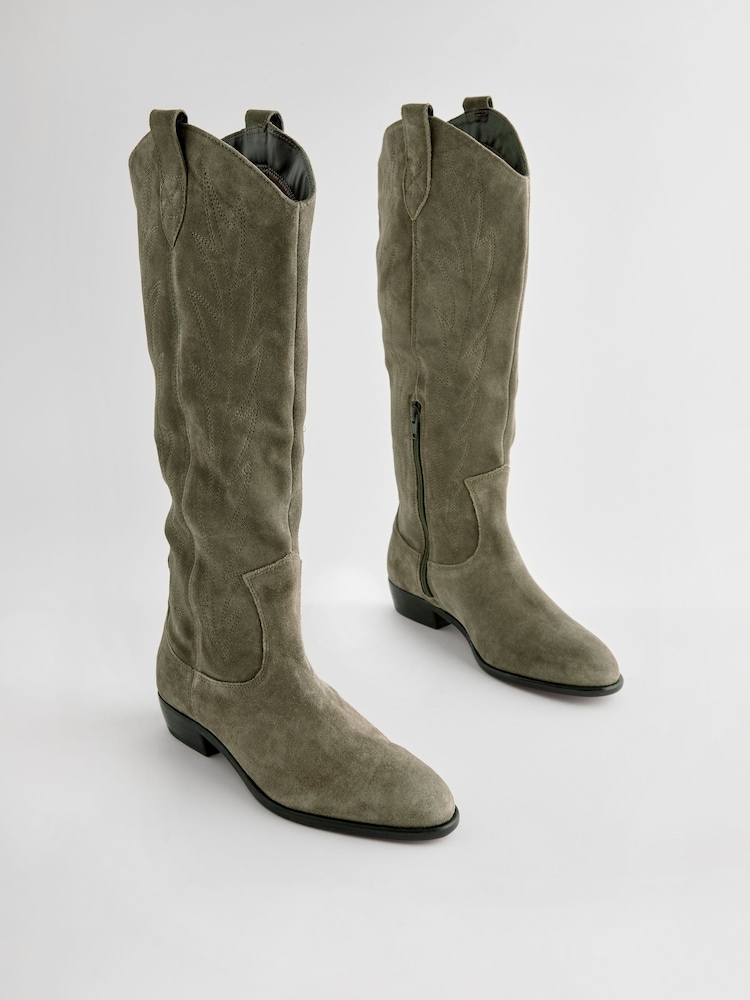 كاكي أخضر - Forever Comfort® Suede Stitched Cowboy Knee High Boots - Image 5 of 9